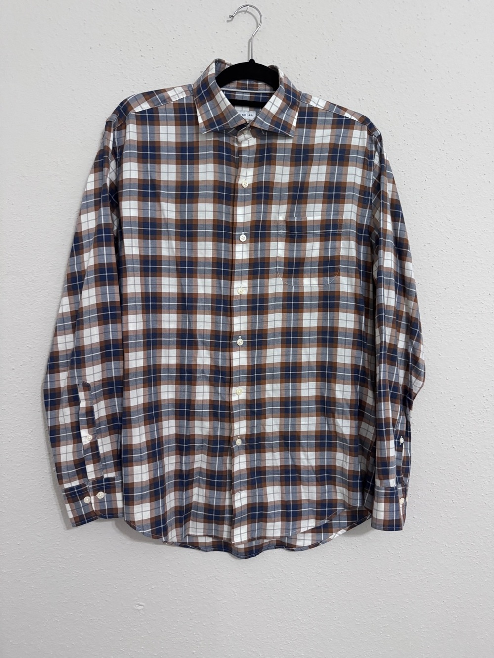 Peter Millar Mens Size M Medium Blue Beige Plaid Long Sleeve Button Up Shirt